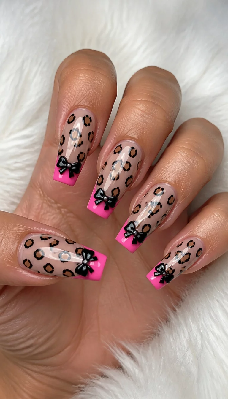 Leopard Print And Pink Tips close-up shot of a woman’s hand with five fingers showing long coffin nails with a leopard print design, bright pink French tips, and a small black bow, soft white texture background.