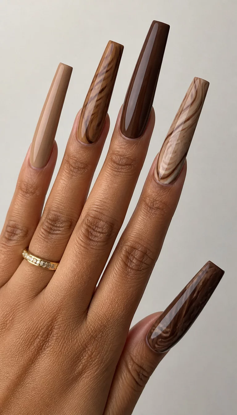 Mismatched Nude and Brown Marble close-up shot of a woman’s hand with five fingers showing extremely long square nails in varying shades of tan and chocolate brown with marble effects, plain light surface background.
