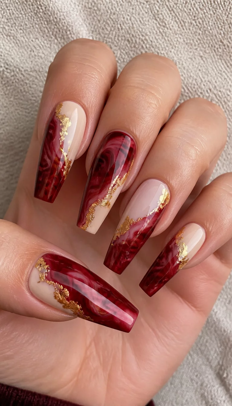 Marbled Red And Gold Leaf close-up shot of a woman’s hand with five fingers showing coffin nails featuring a deep marbled red design and a light beige base with gold leaf accents, textured fabric surface background.