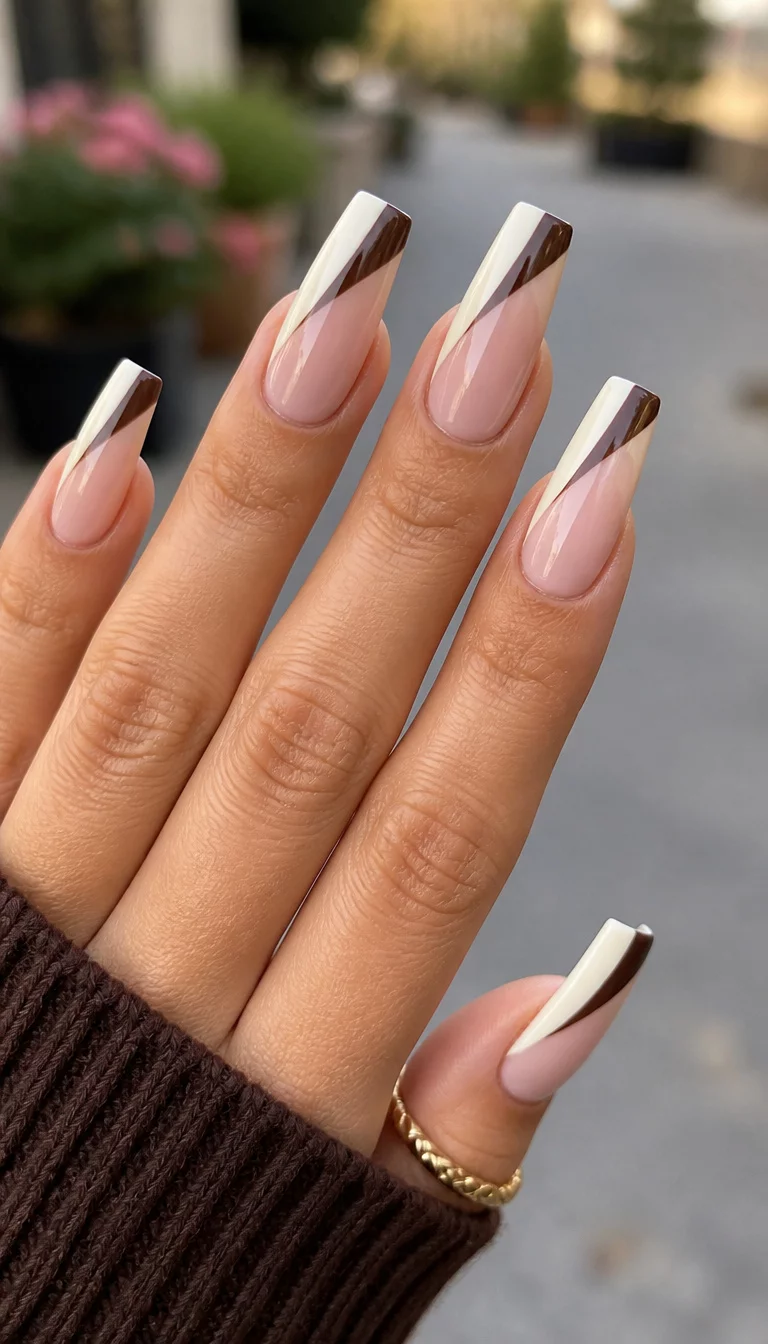 Brown And Cream Diagonals close-up shot of a woman’s hand with five fingers showing coffin nails featuring a light pink base with a stylish diagonal design in chocolate brown and cream, blurred outdoor background.
