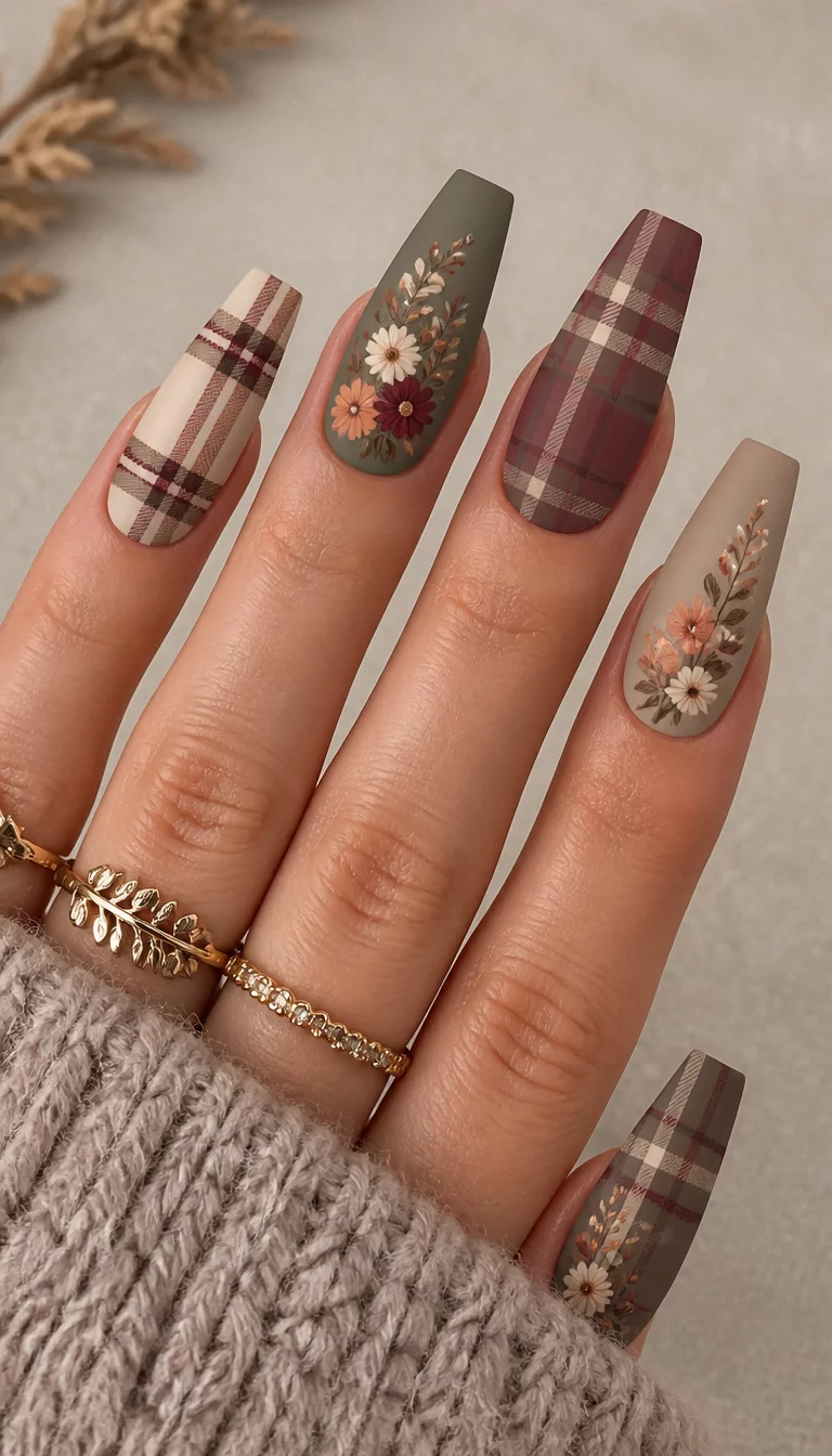 The Plaid And Floral Fusion close-up shot of a woman’s hand with five fingers showing coffin nails with a detailed matte plaid pattern and delicate fall floral accents, neutral-toned surface background.