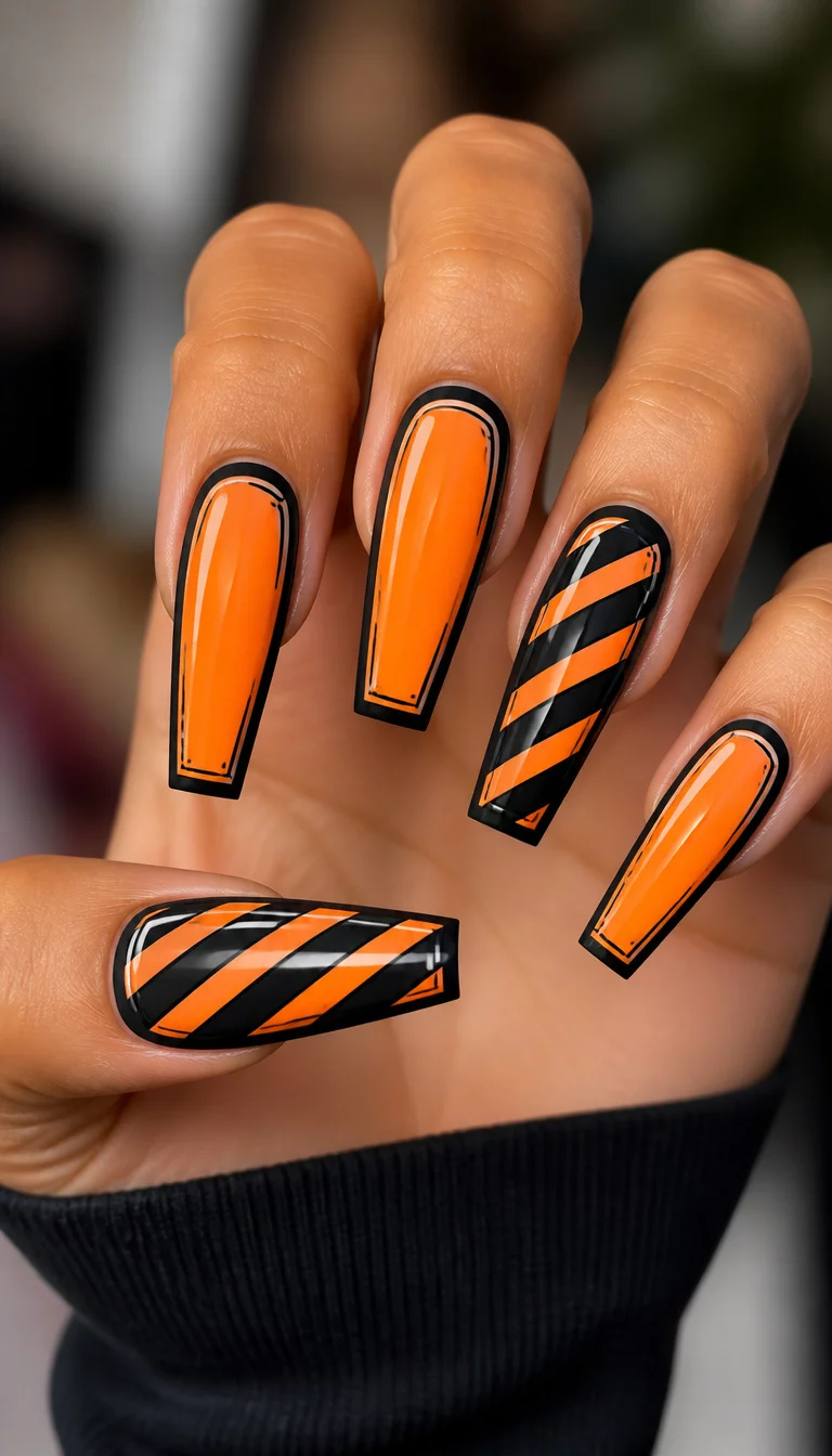 Cartoon Outline Design close-up shot of a woman’s hand with five fingers showing long coffin nails with a 2D cartoon outline design in orange and black with stripe accents, blurred indistinct background.