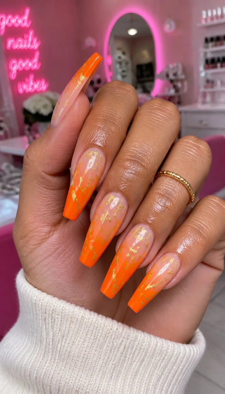 Orange Ombre And Gold Leaves close-up shot of a woman’s hand with five fingers showing long coffin nails with an ombre effect from vibrant orange to a sheer base with gold leaf accents, salon background with pink accents.