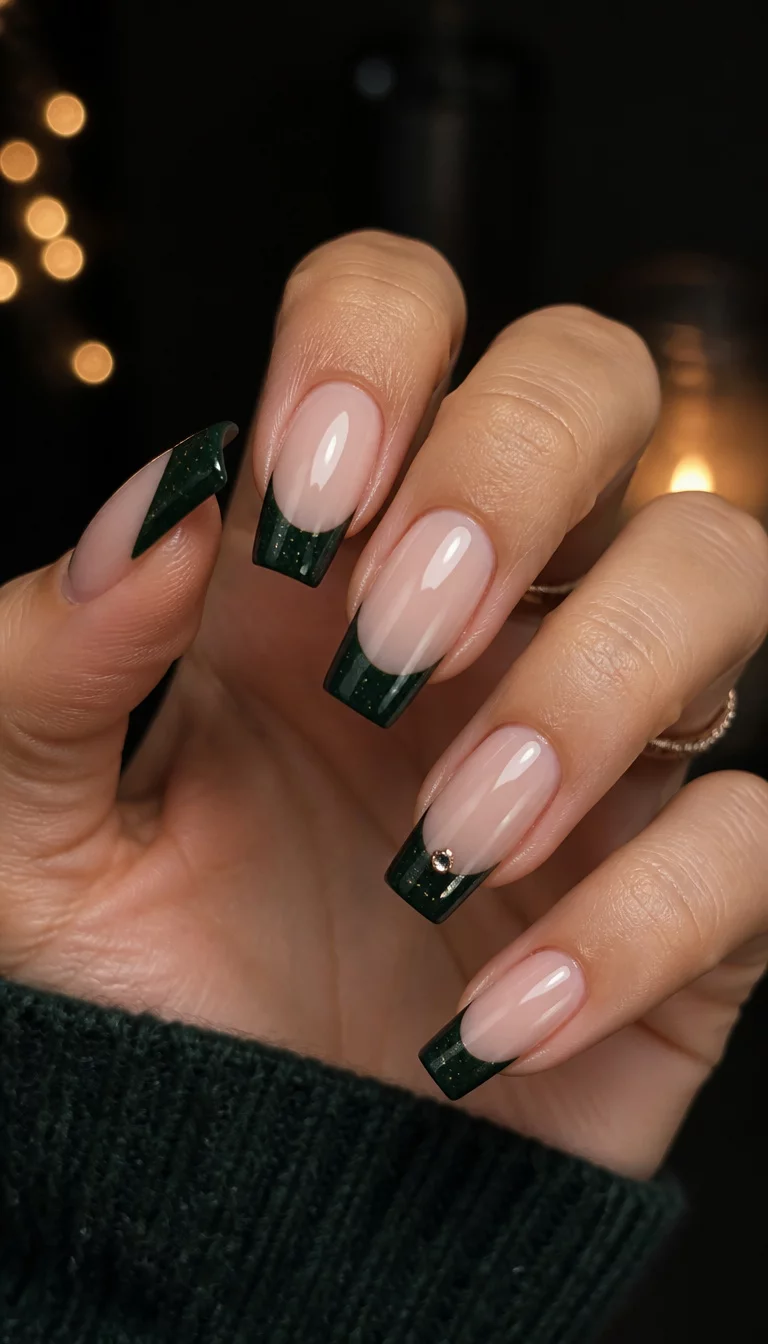 Green French Tips With Subtle Sparkle close-up shot of a woman’s hand with five fingers showing long square-tipped nails with a forest green French tip design, subtle glitter, and a tiny gem accent, dark out of focus background with soft lights.