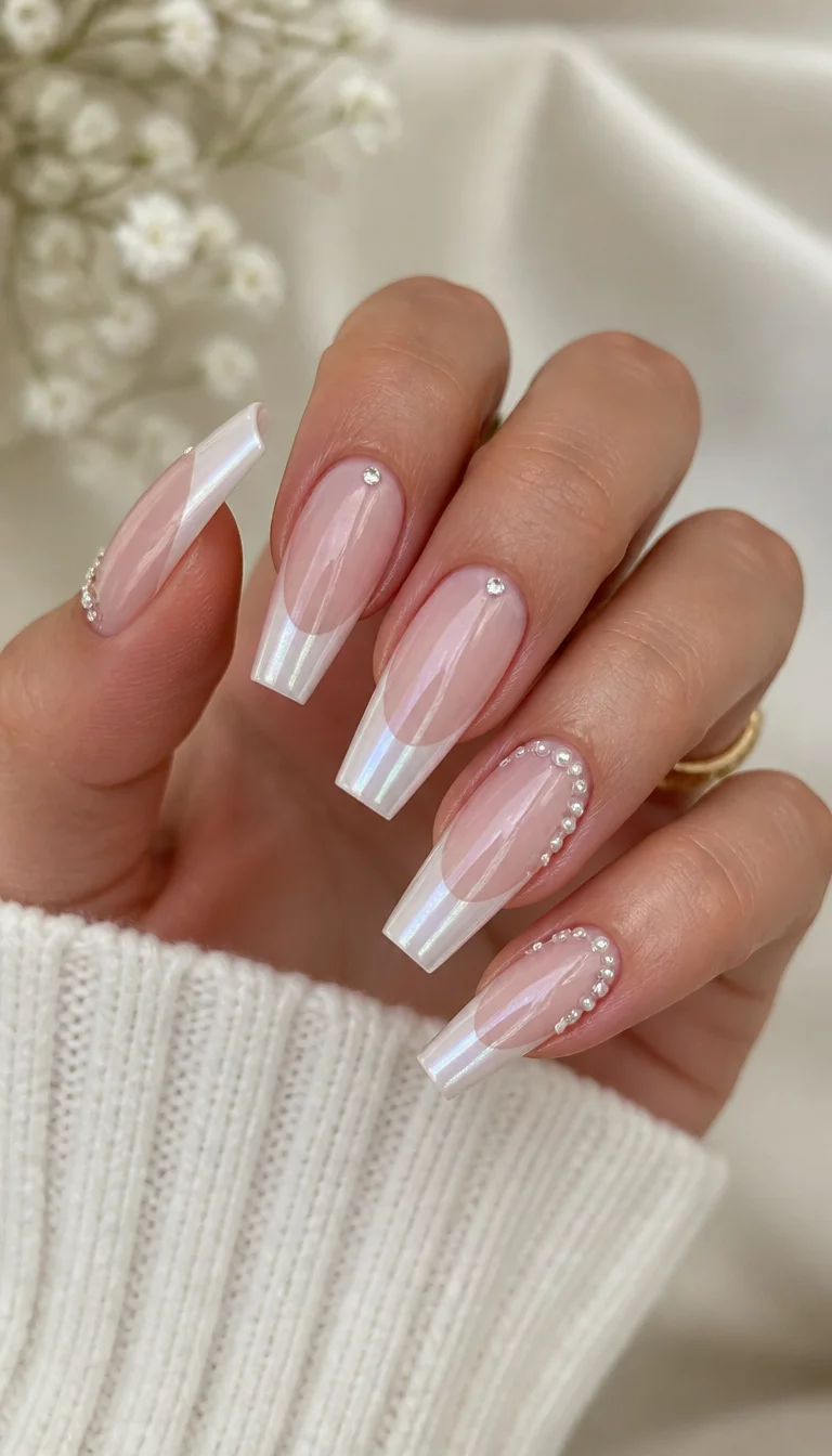Modern Pearlescent French Tips close-up shot of a woman’s hand with five fingers showing nails with long, coffin-shaped nails with a modern French tip, incorporating a subtle pearlescent sheen and small embellishments, against a soft background.