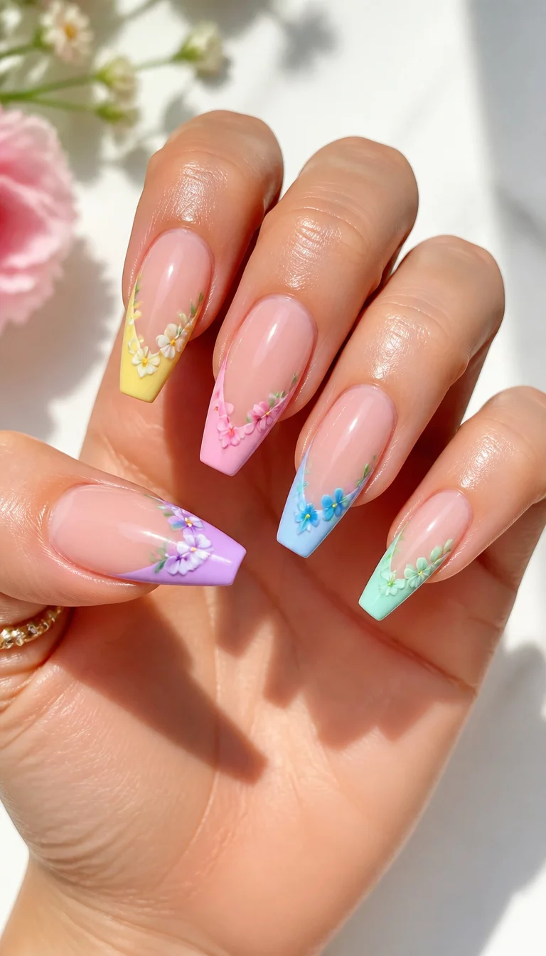 Pastel Floral French Accents close-up shot of a woman’s hand with five fingers showing nails with long, sculpted nails with a French tip design, featuring pastel floral accents on bright colored tips, against a bright background.