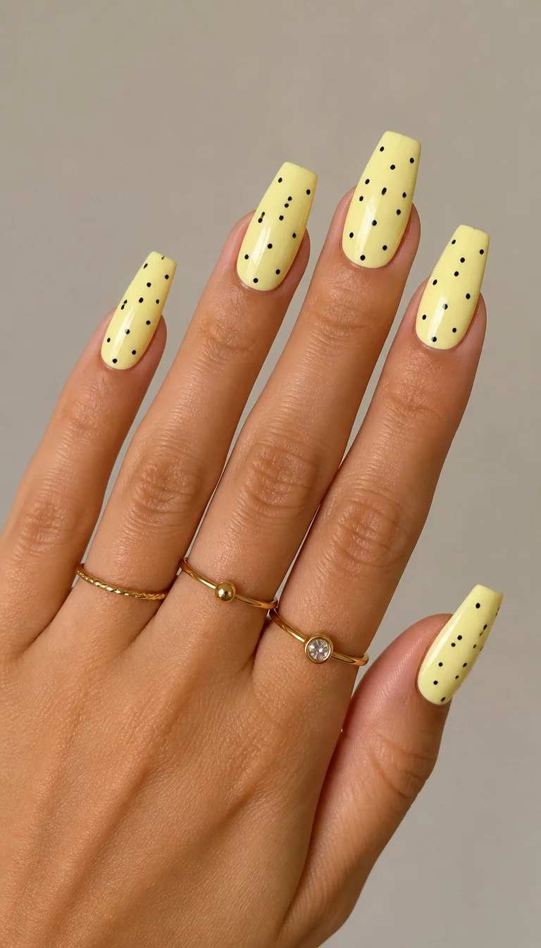 Polka Dot Yellow Almonds close-up shot of a woman’s hand with five fingers showing nails with almond-shaped nails in a soft yellow with black polka dots, paired with minimalist rings, against a plain background.