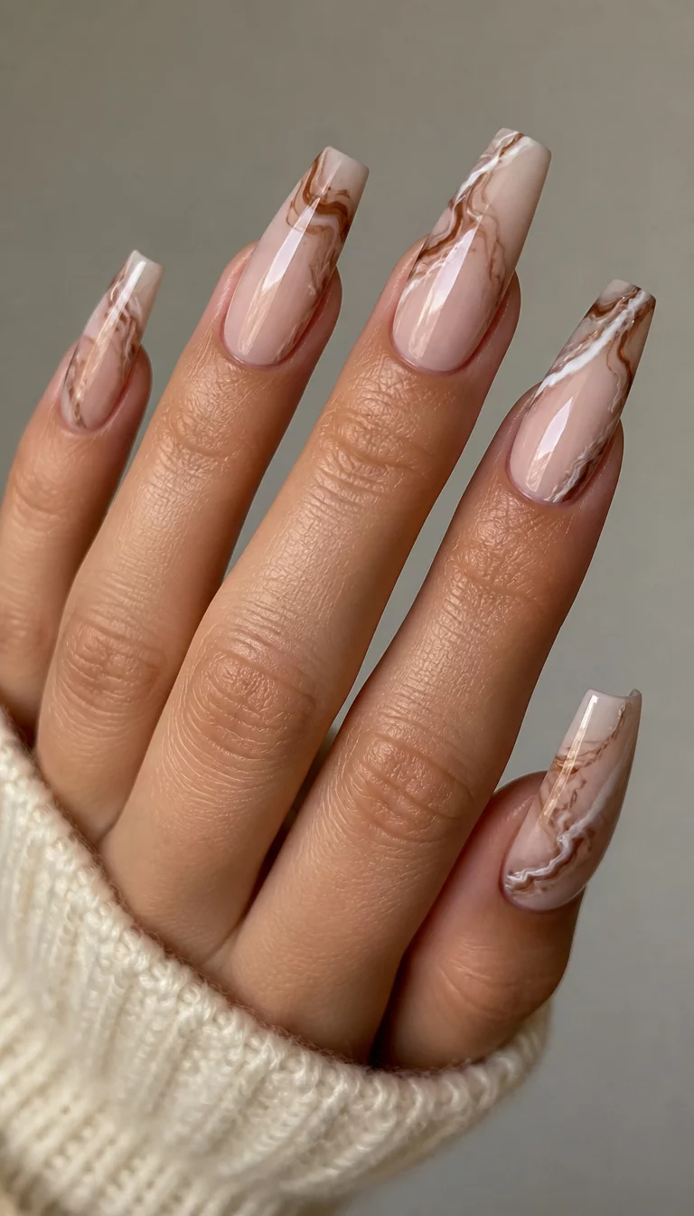 Brown And White Marble Coffin close-up shot of a woman’s hand with five fingers showing nails with long, coffin-shaped nails with a nude base and a marbled design featuring brown and white swirls, against a neutral background.
