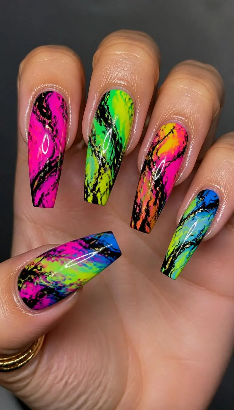Neon Abstract Marble Stilettos close-up shot of a woman’s hand with five fingers showing nails with pointy stiletto nails with bright, abstract marbling in neon pink, green, yellow, and blue with black accents, against a vibrant background.