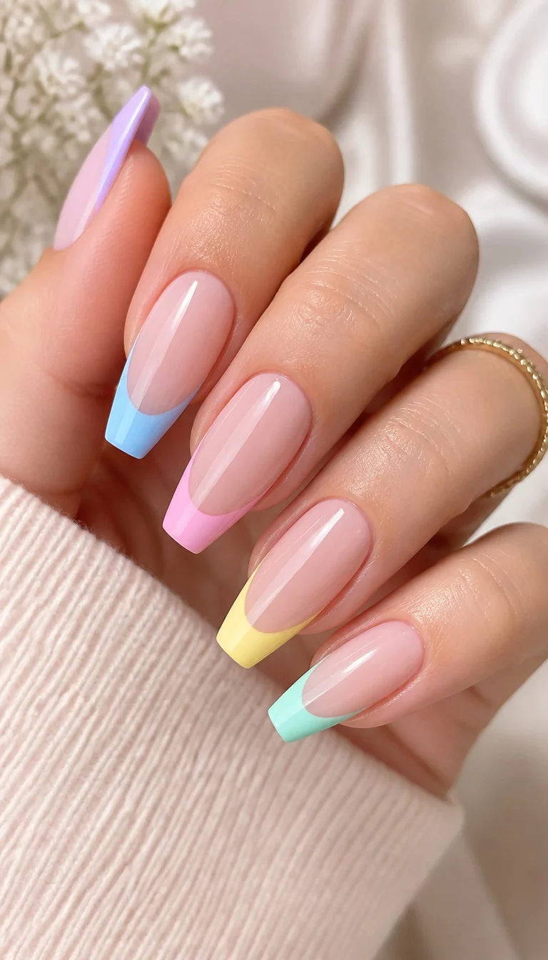 Pastel Rainbow French Stilettos close-up shot of a woman’s hand with five fingers showing nails with long, stiletto-shaped nails with a French tip, each nail featuring a different pastel color tip, against a soft background.