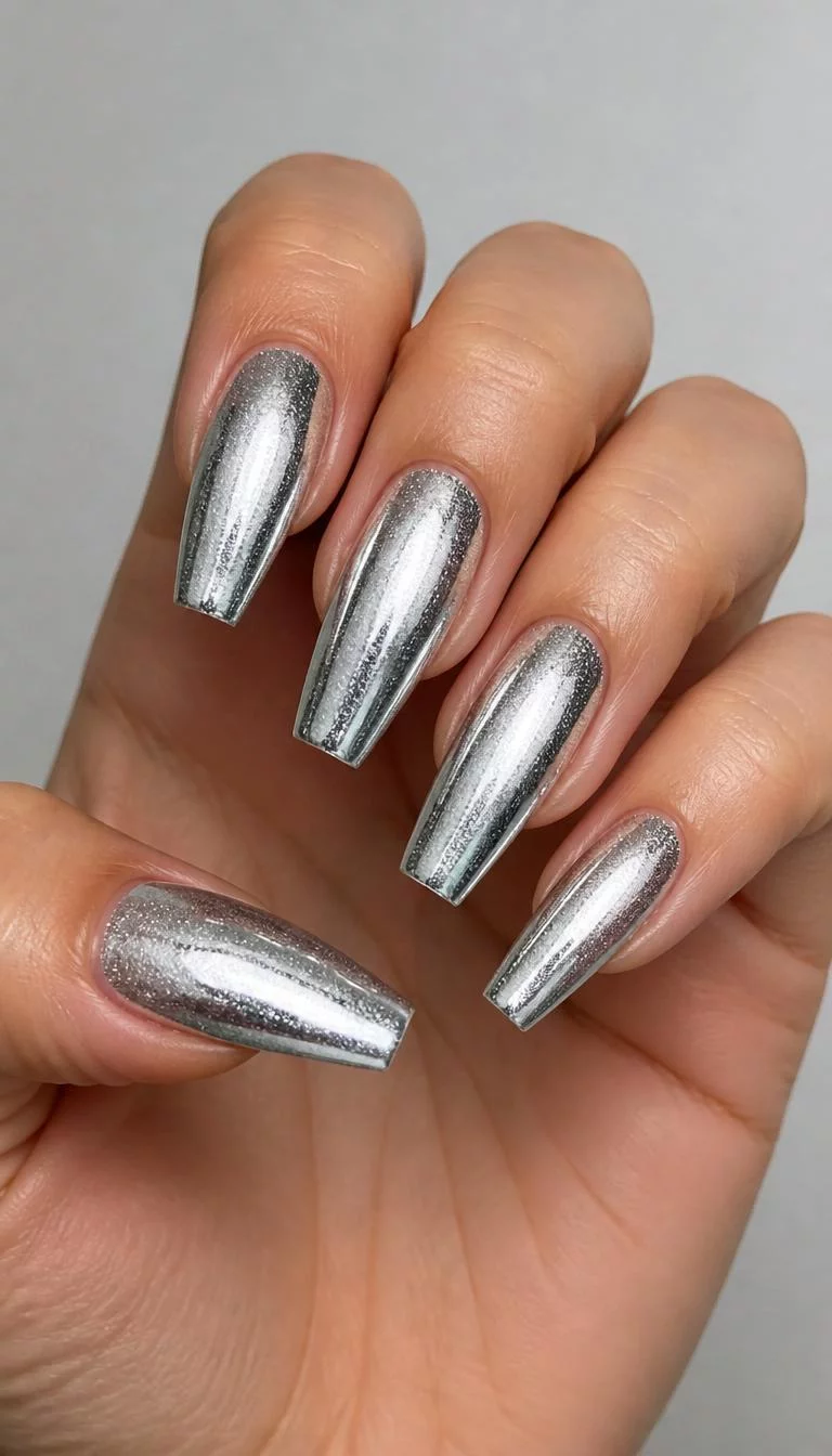 Metallic Silver Cat Eye Magic close-up shot of a woman’s hand with five fingers showing nails with cat-eye shaped nails with a metallic, shimmering silver polish, creating a mesmerizing, reflective effect, against a plain background.