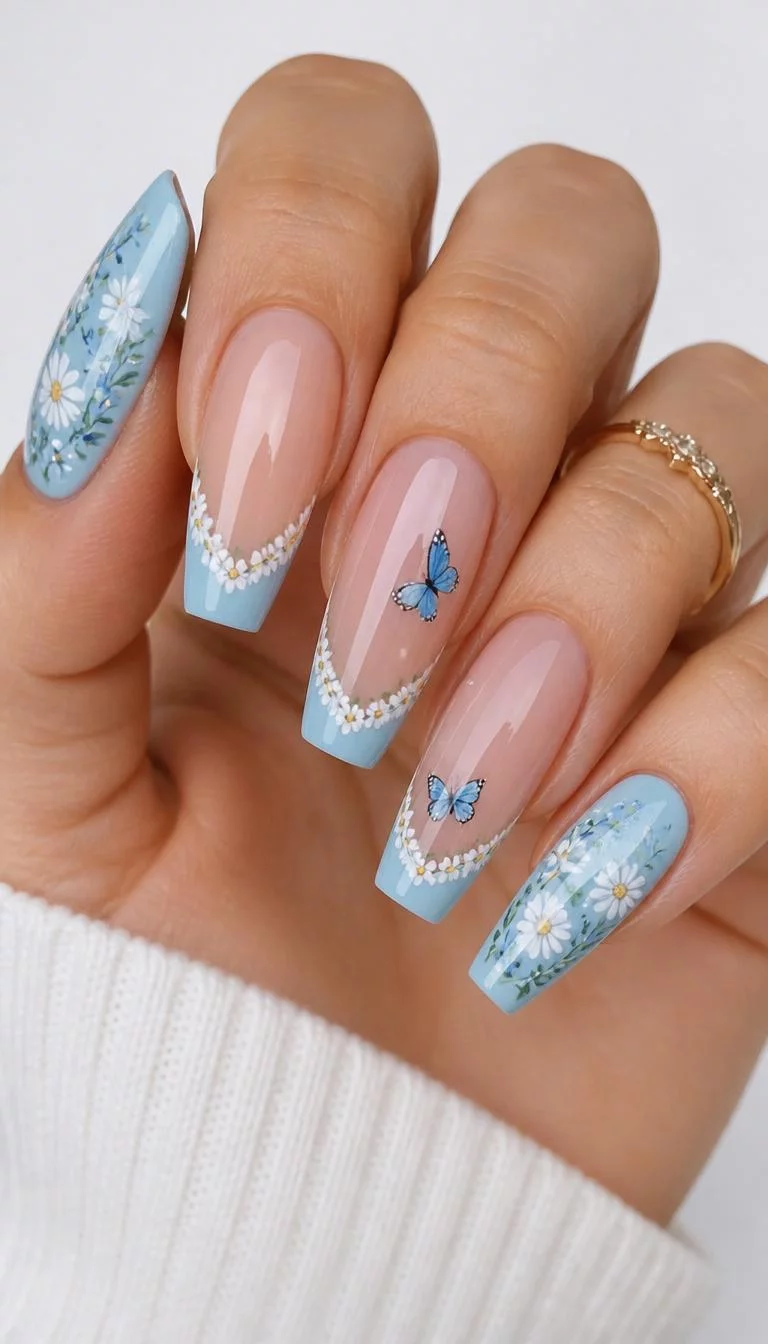 Floral And Butterfly Collage close-up shot of a woman’s hand with five fingers showing nails with a collage of summer nail designs featuring blue nails with delicate floral patterns, and French tips with butterflies and daisies, against a light background.