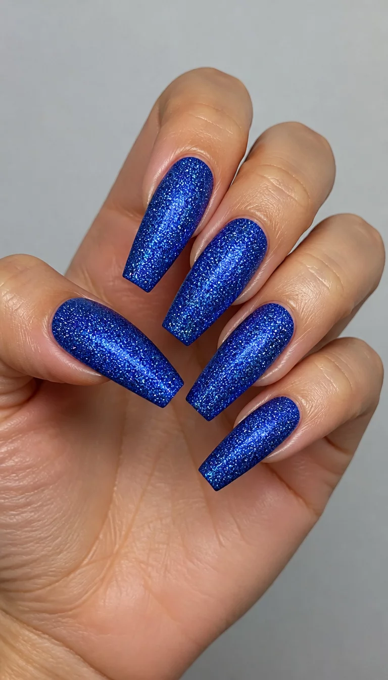 Shimmering Blue Glitter Texture close-up shot of a woman’s hand with five fingers showing nails with long, coffin-shaped nails in a textured, shimmering blue glitter, held against a plain background.