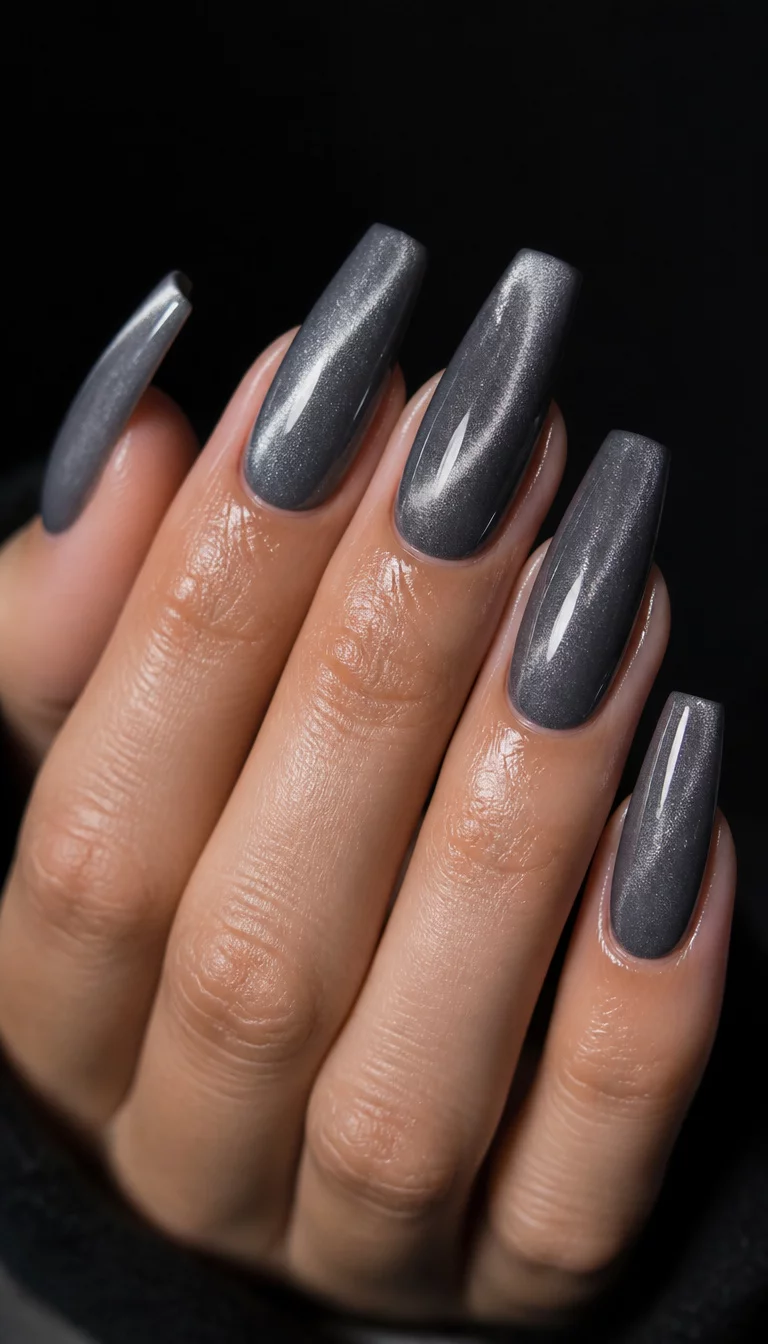 Smoky Grey Cat Eye Shine close-up shot of a woman’s hand with five fingers showing nails with glamorous coffin-shaped nails in a smoky grey with a subtle cat-eye effect, polished to a high shine, against a dark background.