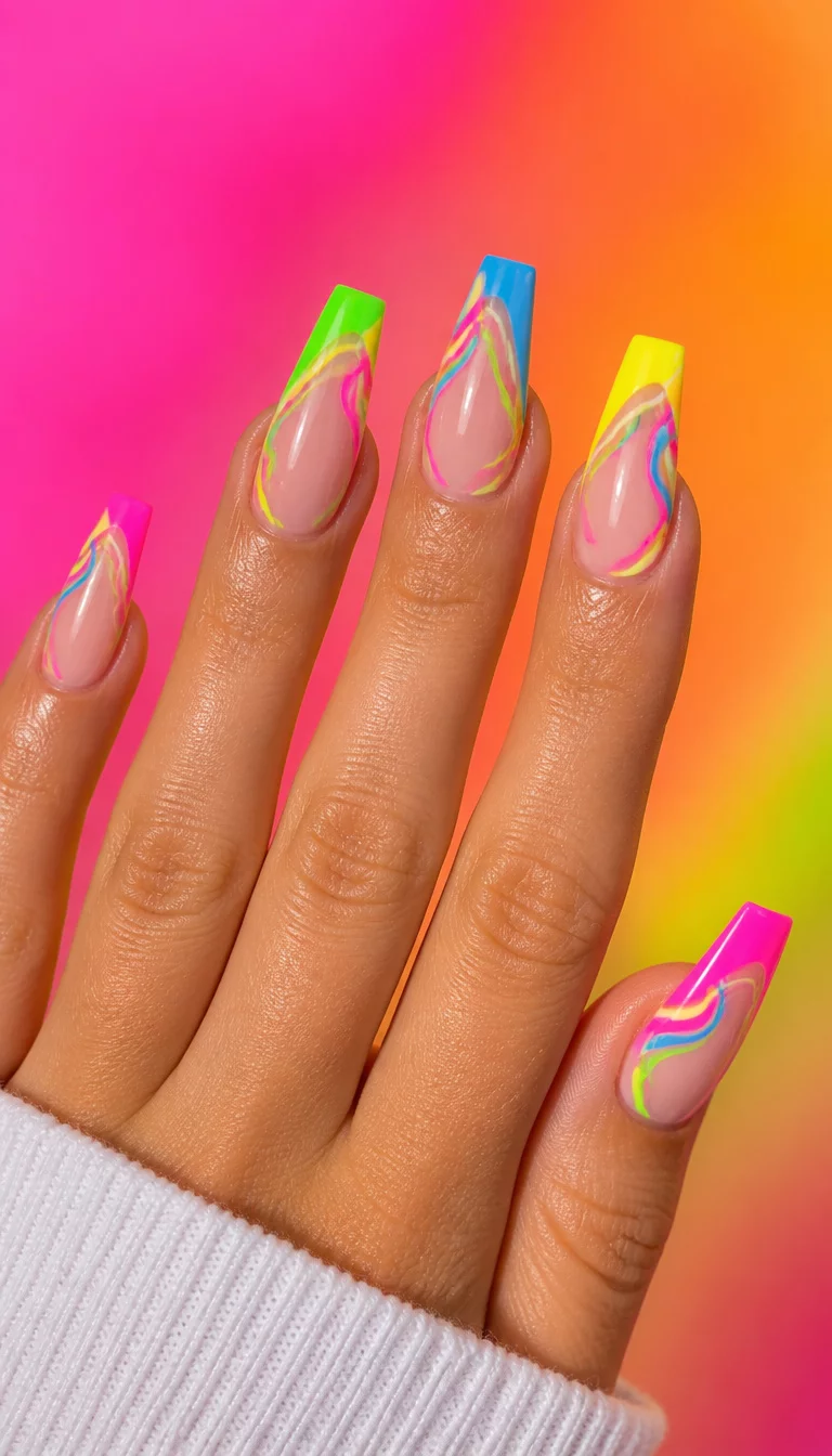 Neon Wavy French Tips close-up shot of a woman’s hand with five fingers showing nails with French tip nails with vibrant, neon-colored tips and abstract wavy lines in pink, green, yellow, and blue, against a bright background.