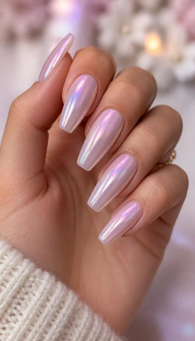 Iridescent Pastel Pearl Finish close-up shot of a woman’s hand with five fingers showing nails with oval-shaped nails with an iridescent, pearly finish that shifts in color, reflecting pastel pinks and purples, against a soft focus background.