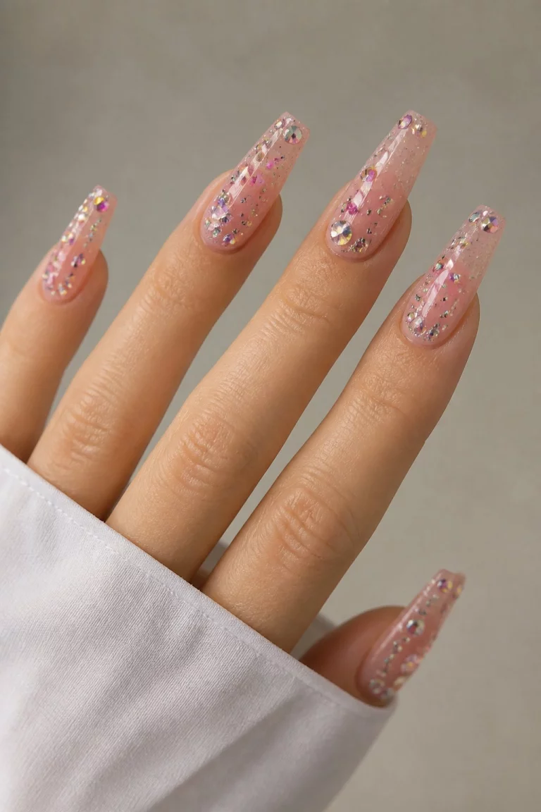 Sheer Pink Glitter And Rhinestones close-up shot of a woman’s hand with five fingers showing nails with coffin nails adorned with a scattering of colorful rhinestones and glitter, set against a sheer pink base, against a neutral background.
