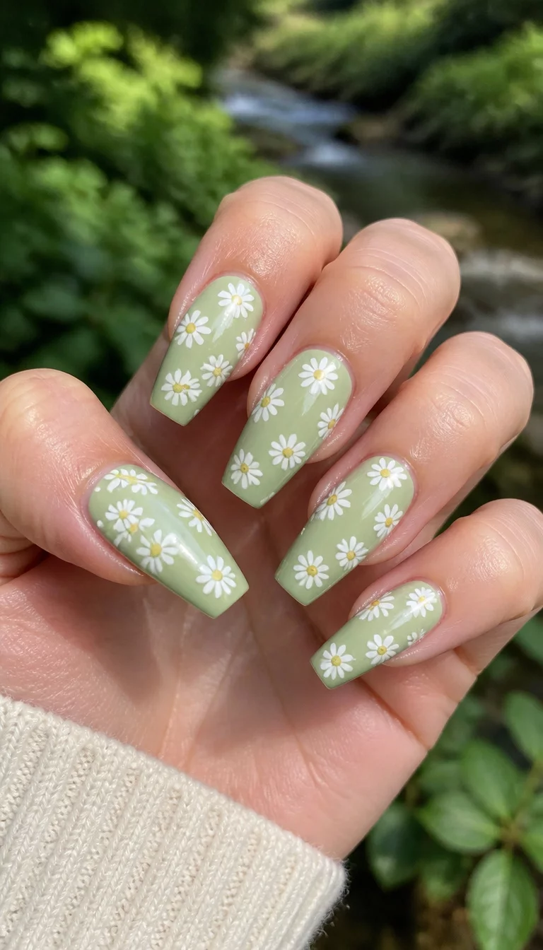 White Daisy Green Coffin close-up shot of a woman’s hand with five fingers showing nails with long, coffin-shaped nails with a light green base color, decorated with numerous white daisy designs, against a natural background.