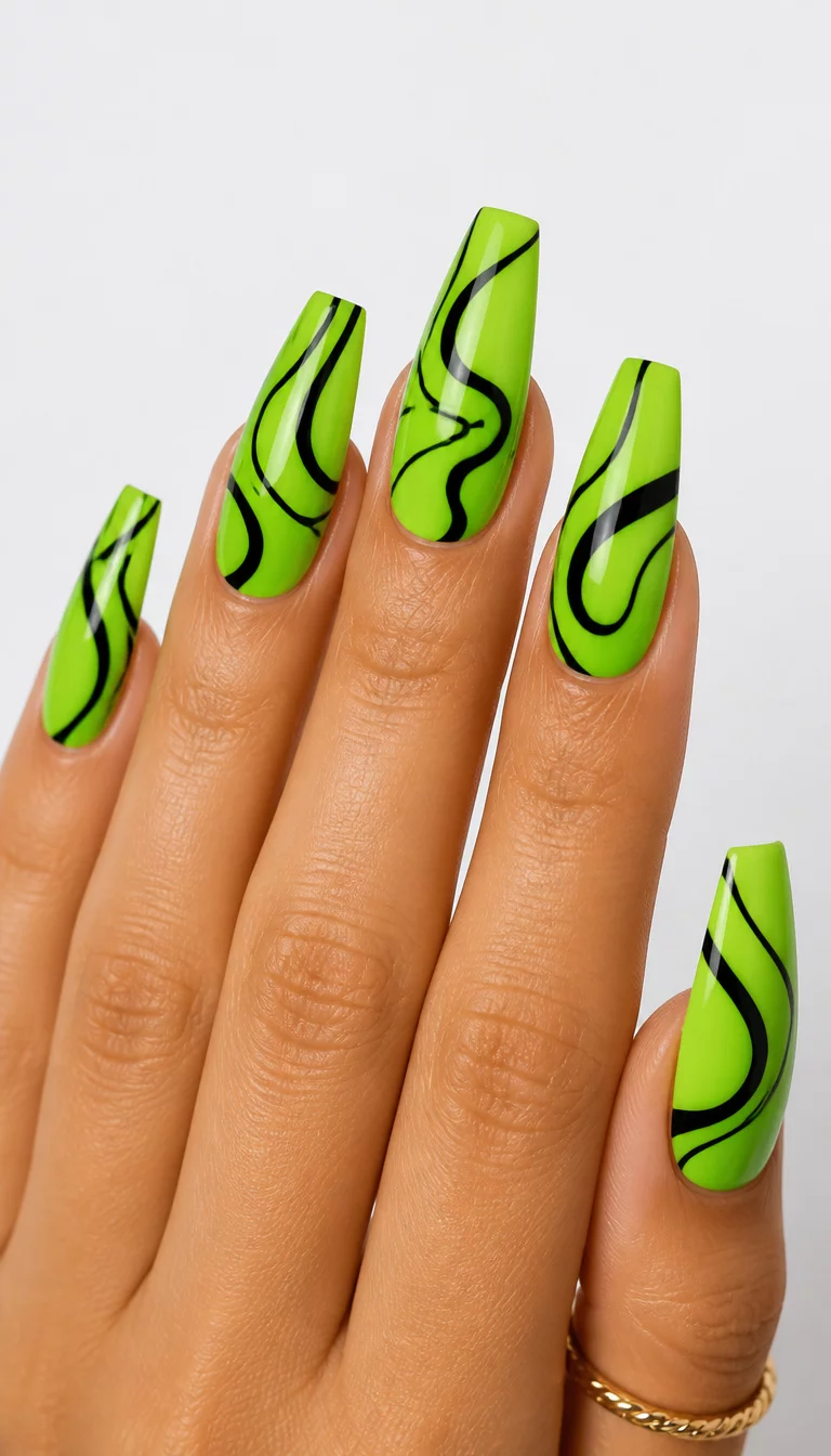 Lime Green Abstract Swirls close-up shot of a woman’s hand with five fingers showing nails with coffin-shaped nails in a vibrant lime green, adorned with abstract black swirling lines, against a clean background.