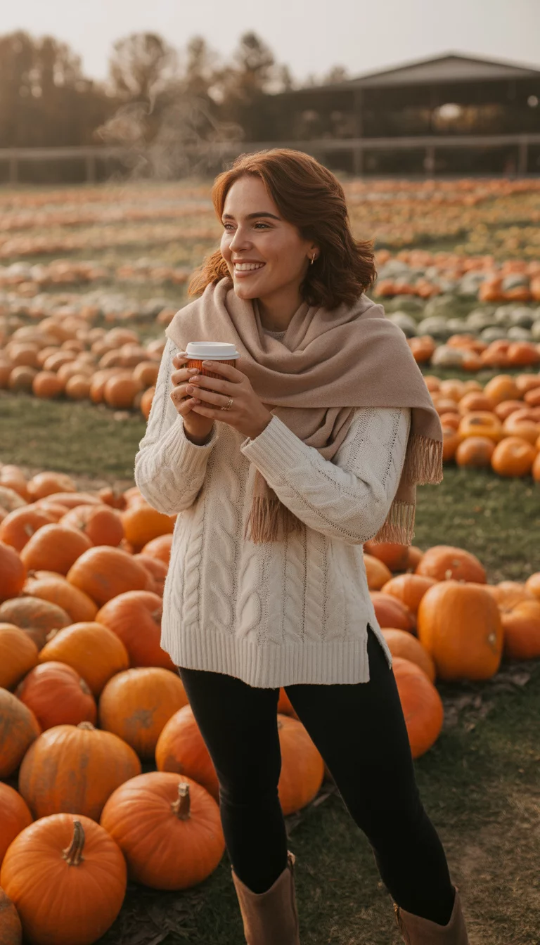 Pumpkin Patch Perfection A beautiful 25-year-old woman in a cream cable-knit sweater, large beige scarf, black leggings, and brown boots, holding a coffee cup at a pumpkin patch.