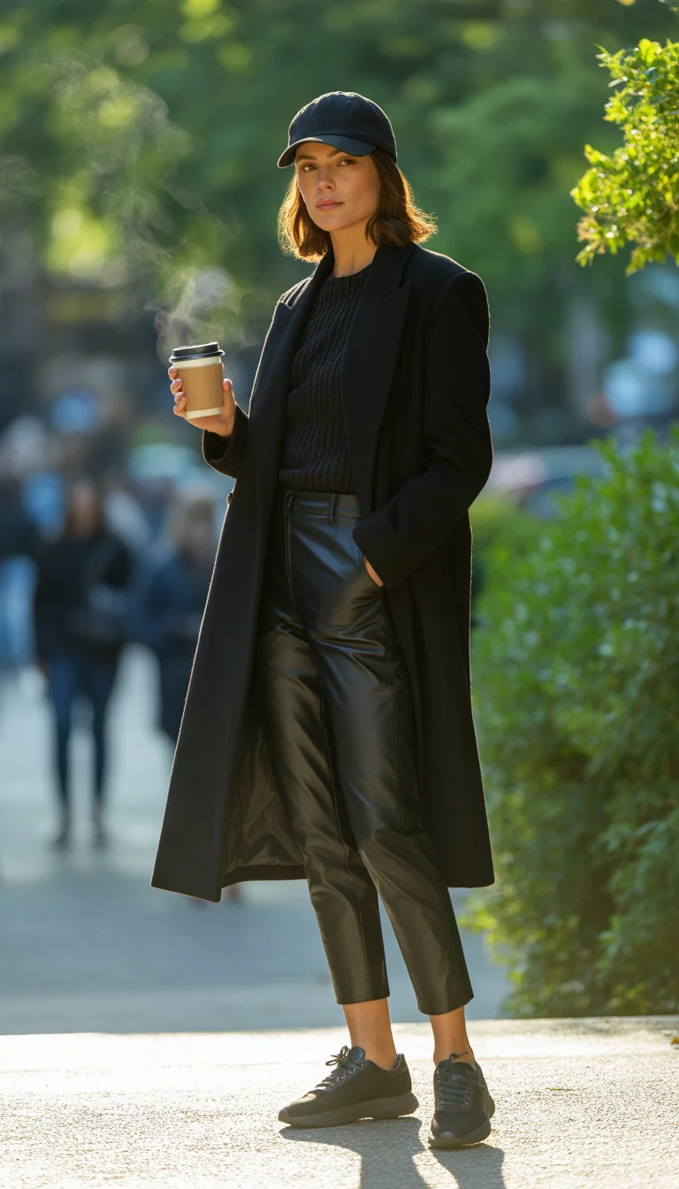 Park Casual In Leather A beautiful 27-year-old woman in a black long coat, black leather pants, a black baseball cap, and black sneakers, holding a coffee cup in a park.