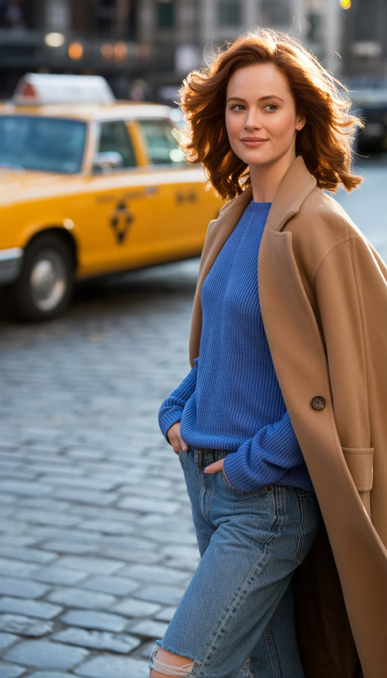 Cobblestone Classics A beautiful 28-year-old woman in a blue ribbed sweater, tan wool coat, and ripped blue jeans, posing on a cobblestone street with a yellow taxi behind her.
