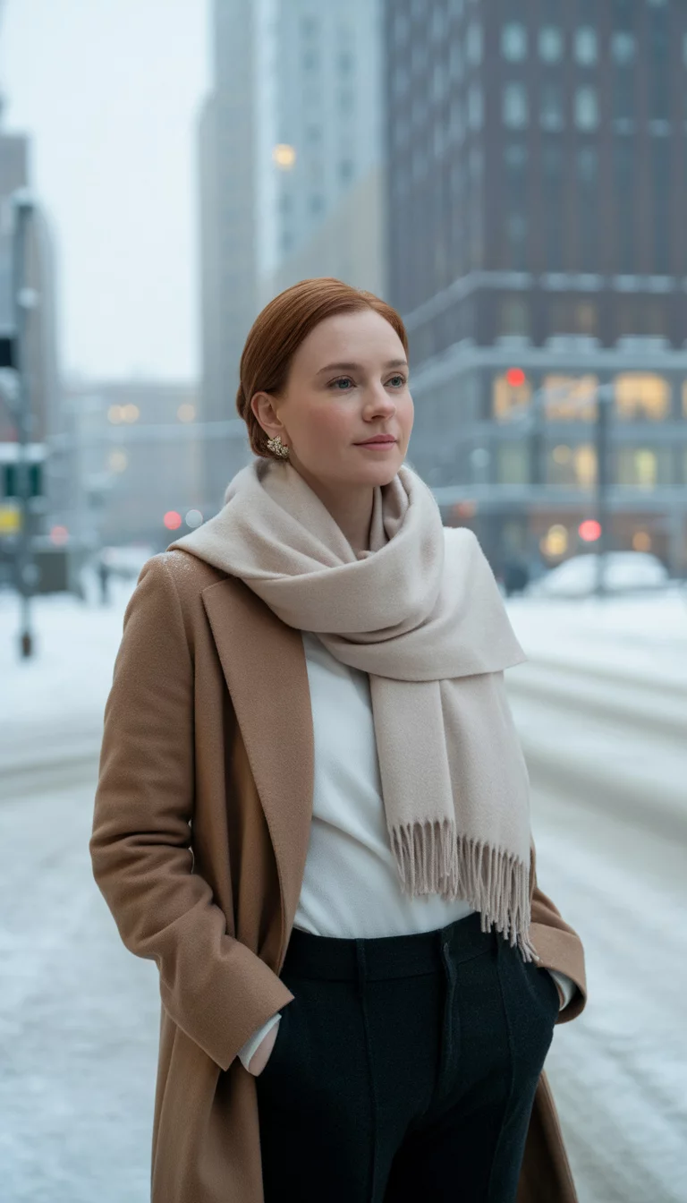 Manhattan Chic In Camel A beautiful 31-year-old woman in a camel coat, cream wool scarf, and black trousers, standing on a snow-covered city street with tall buildings behind her.