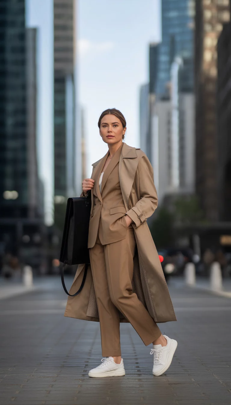 The Streetwear Trench Hybrid A beautiful 31-year-old woman in a tan suit, tan trench coat, white sneakers, and a black leather bag, in a modern urban architectural setting.