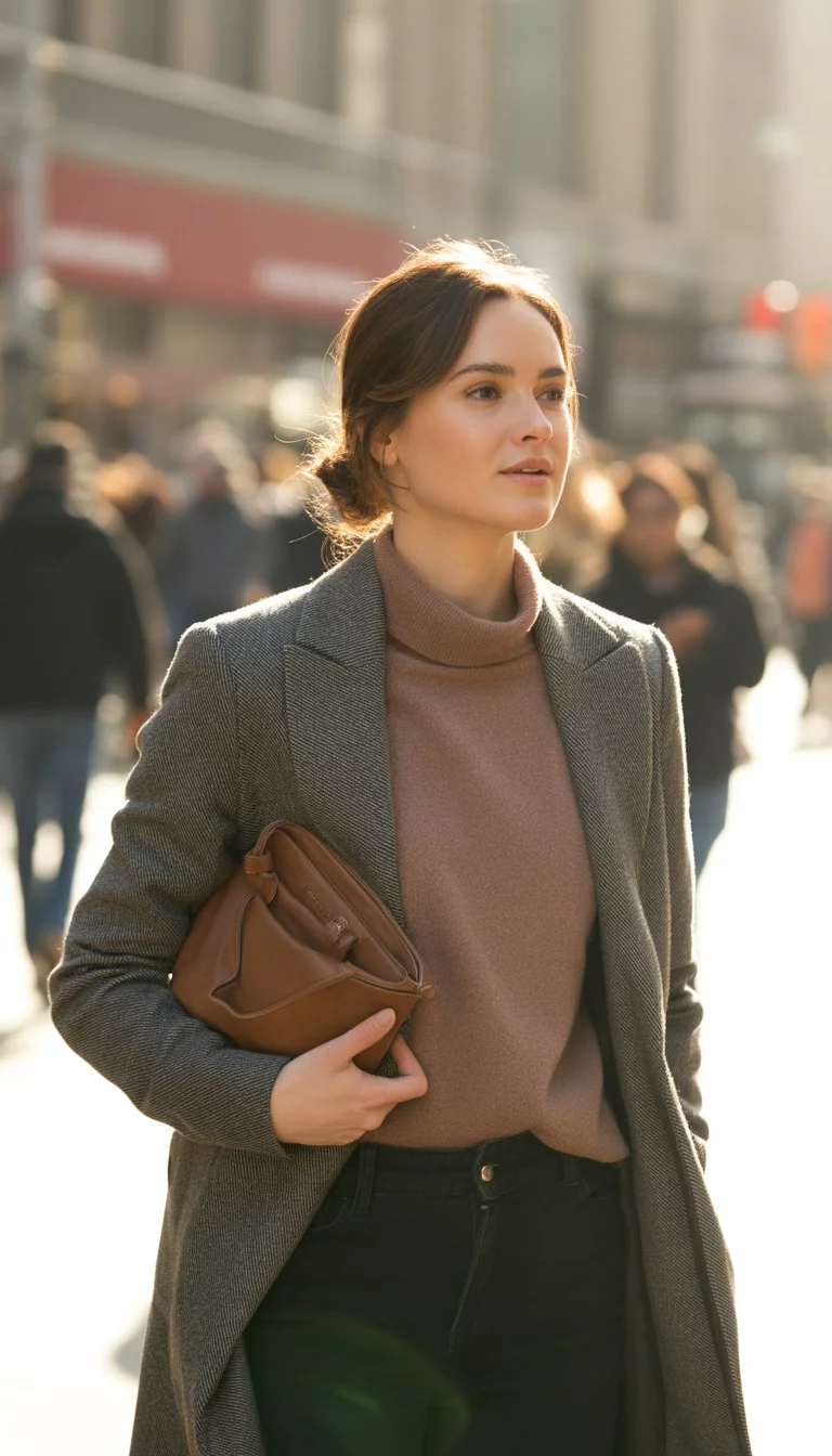 Neutral Layers And Handbags A beautiful 23-year-old woman in a grey coat, brown turtleneck, and black pants, holding a brown leather handbag outdoors.