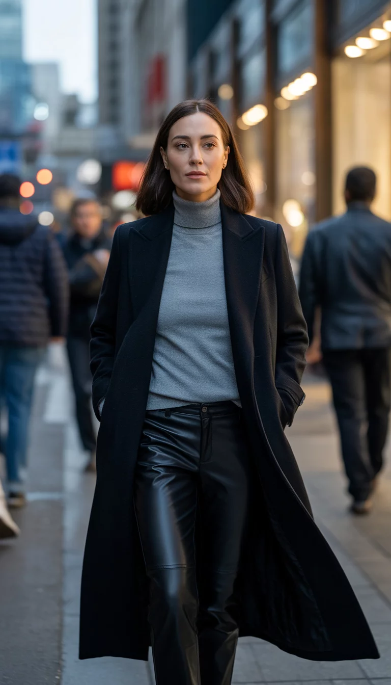 The Modern Executive Silhouette A beautiful 36-year-old woman in a long black wool coat, grey turtleneck, and black leather pants, walking down a busy city sidewalk.