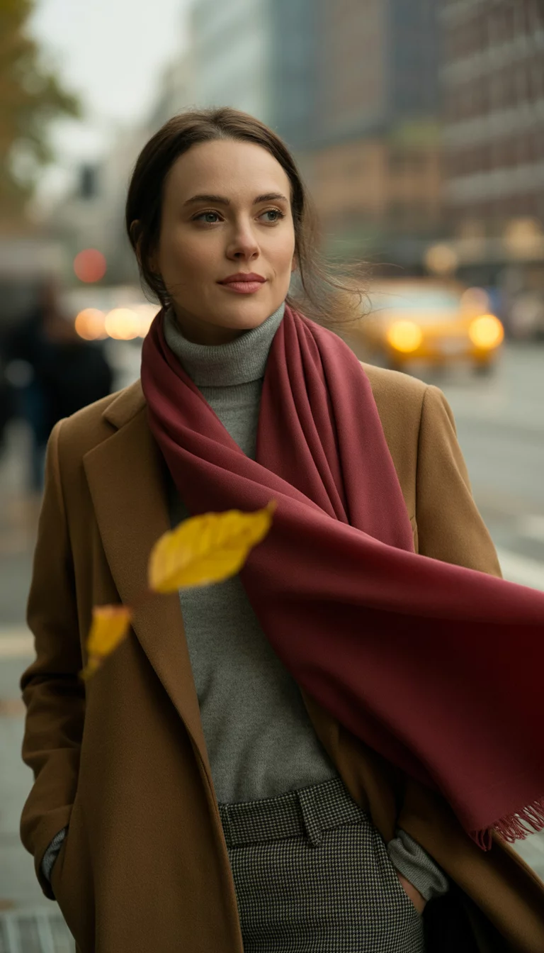 Urban Turtlenecks And Plaid A beautiful 30-year-old woman in a tan coat, grey turtleneck, and plaid pants, with a long scarf blowing in the wind, against a blurred urban background.