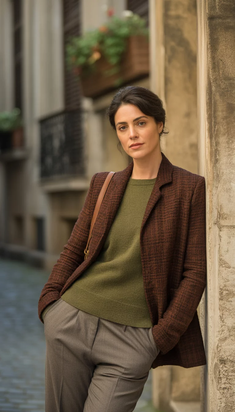 Earthy Textures And Olive Tones A beautiful 34-year-old woman in a brown textured jacket, olive green sweater, grey pants, and a brown handbag, against a textured stone wall.