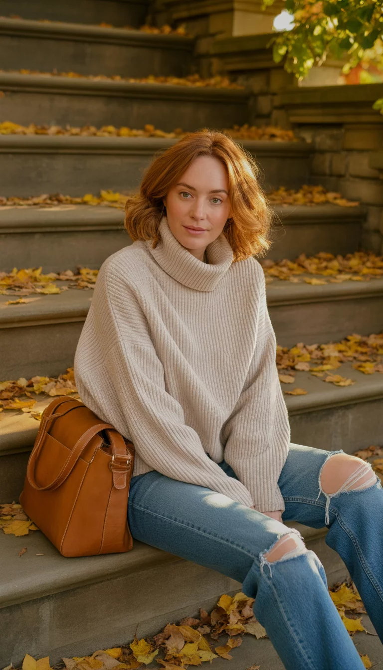 Chunky Knits And Ripped Denim A beautiful 29-year-old woman in a chunky cream turtleneck sweater, ripped blue jeans, and a tan leather bag, sitting on outdoor stone steps.