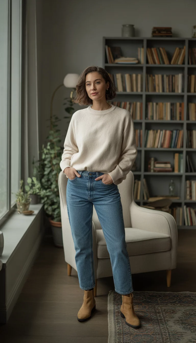 Straight Leg Denim Versatility A beautiful 30-year-old woman in a cream sweater, blue straight leg jeans, and tan ankle boots, standing in a cozy living room.