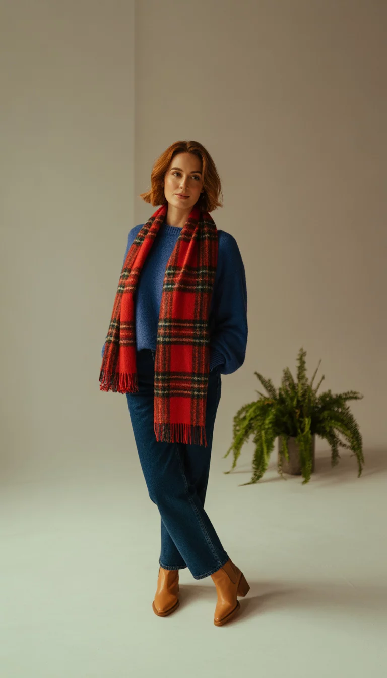 The Transitional Scarf Strategy A beautiful 33-year-old woman in a blue sweater, plaid scarf, blue jeans, and tan ankle boots, standing in a studio with a neutral background.