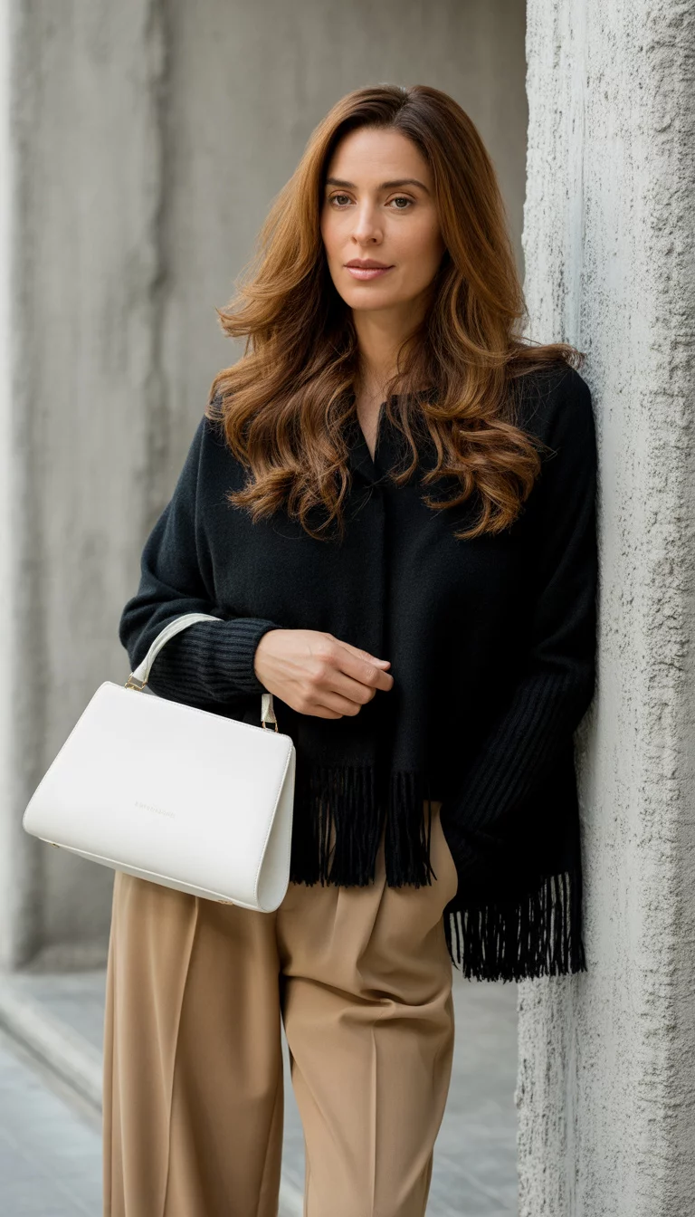 Textured Monochrome Contrast A beautiful 32-year-old woman in a black fringed sweater and tan wide-leg pants, holding a white handbag, standing against a textured concrete wall.