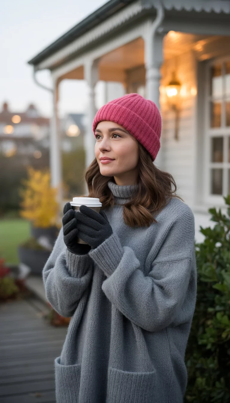 Pink Beanies And Caffeine Fixes A beautiful 26-year-old woman in a cozy oversized grey sweater, pink knit beanie, black gloves, and black leggings, holding a coffee cup outside a white house.