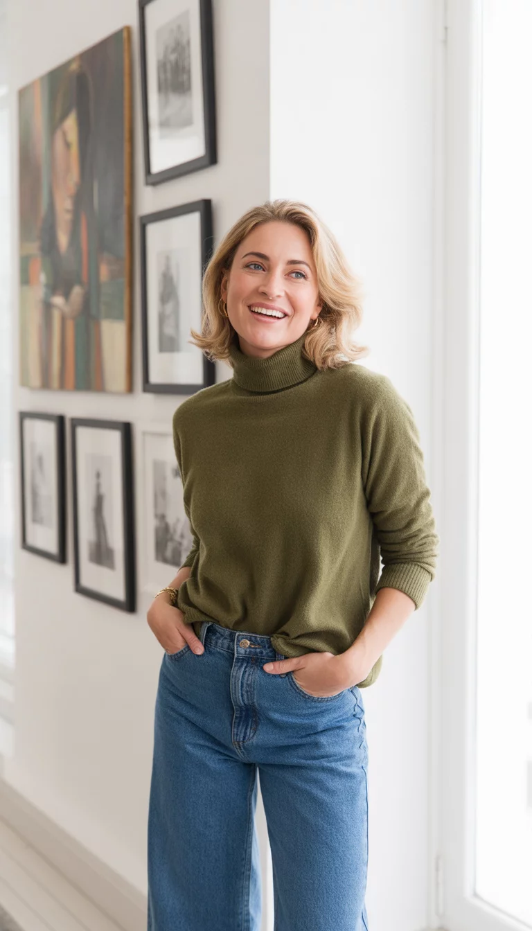 Bright Olive And Wide Legs A beautiful 31-year-old woman in an olive green turtleneck sweater and blue wide-leg jeans, smiling in a bright room with artwork behind her.
