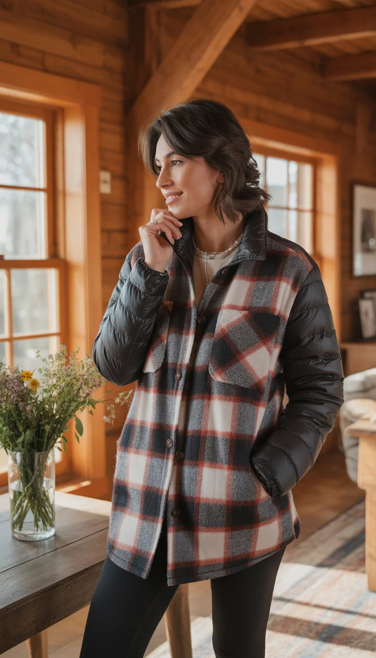 The Ultimate Stay At Home Mom Uniform A beautiful 34-year-old woman in a plaid shacket, black puffer jacket, and comfortable black leggings, standing in a rustic home with wooden beams.