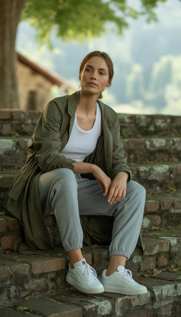 A beautiful 25-year-old woman in a white tank top, a long olive green jacket, grey sweatpants, and white sneakers, sitting on outdoor stone stairs.