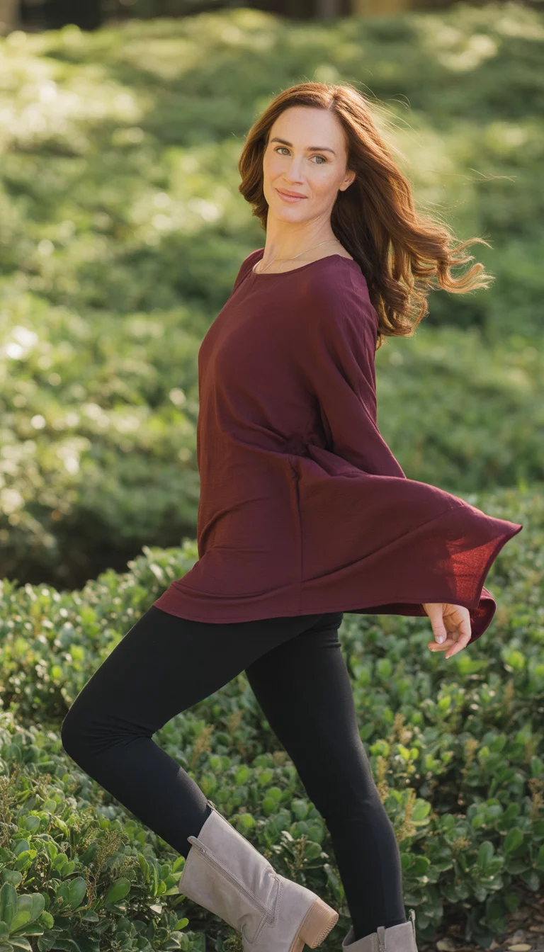 A beautiful 38-year-old woman in a burgundy tunic top, black leggings, and light grey suede boots, standing outdoors among green shrubbery.