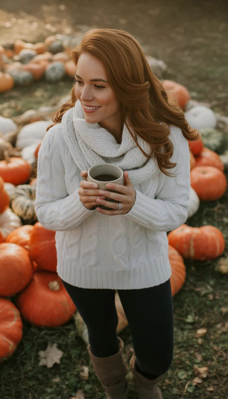 A beautiful 27-year-old woman in a white cable-knit sweater, a knit scarf, dark black leggings, and brown boots, holding a coffee cup at a rustic pumpkin patch.