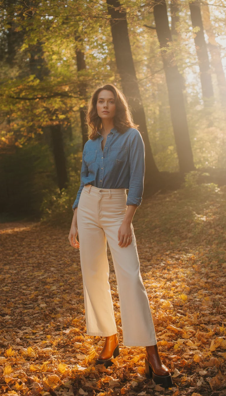 A beautiful 36-year-old woman in a blue denim shirt, cream-colored pants, and brown platform boots, standing in an autumnal forest with fallen leaves.