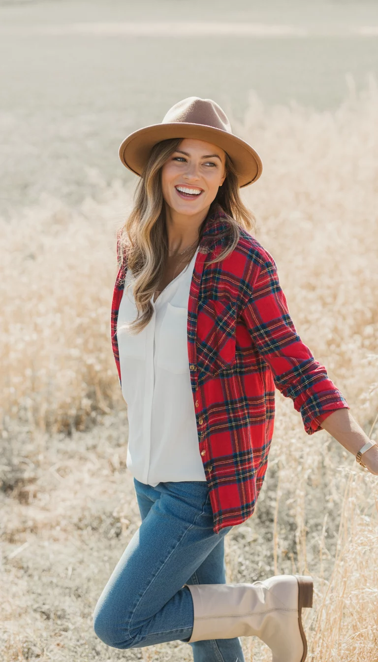 A beautiful 29-year-old woman in a tan fedora, a red and black plaid shirt over a white top, blue jeans, and cream-colored boots, smiling outdoors.