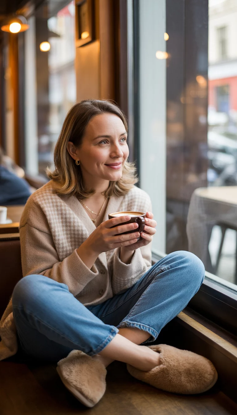 A beautiful 40-year-old woman in a beige checkered cardigan, blue jeans, and brown fuzzy slippers, sitting by a window at a cafe with a cup of coffee.