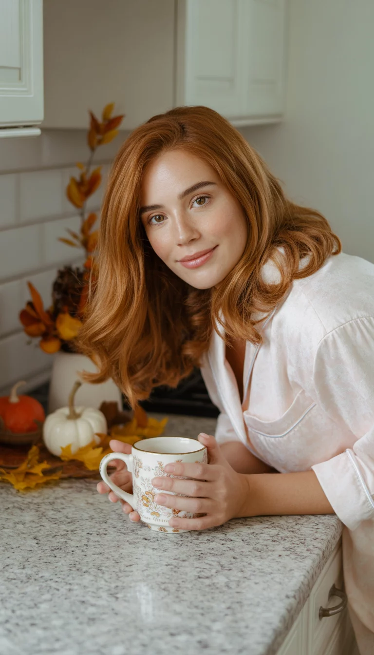 A beautiful 26-year-old woman in cozy grey pajamas, holding a white mug, sitting on a kitchen counter with autumn decorations in the background.