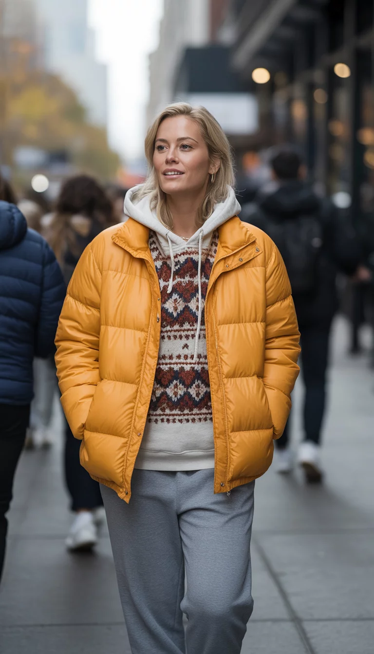 A beautiful 31-year-old woman in a golden yellow puffer jacket, a fair isle patterned hoodie, grey sweatpants, and white sneakers, standing on a sidewalk.