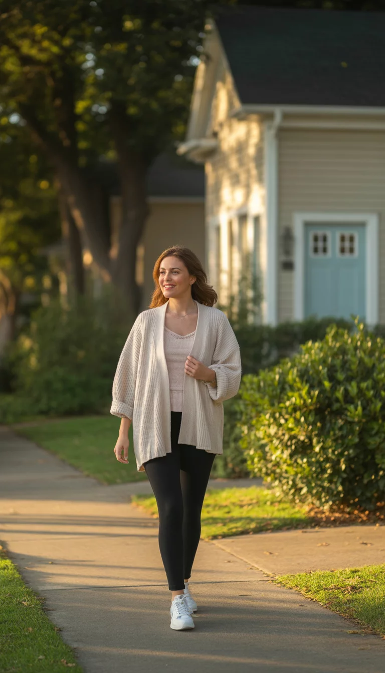A beautiful 30-year-old woman in a beige open-front cardigan, a pink top, black leggings, and white sneakers, walking on a suburban sidewalk in front of a house.