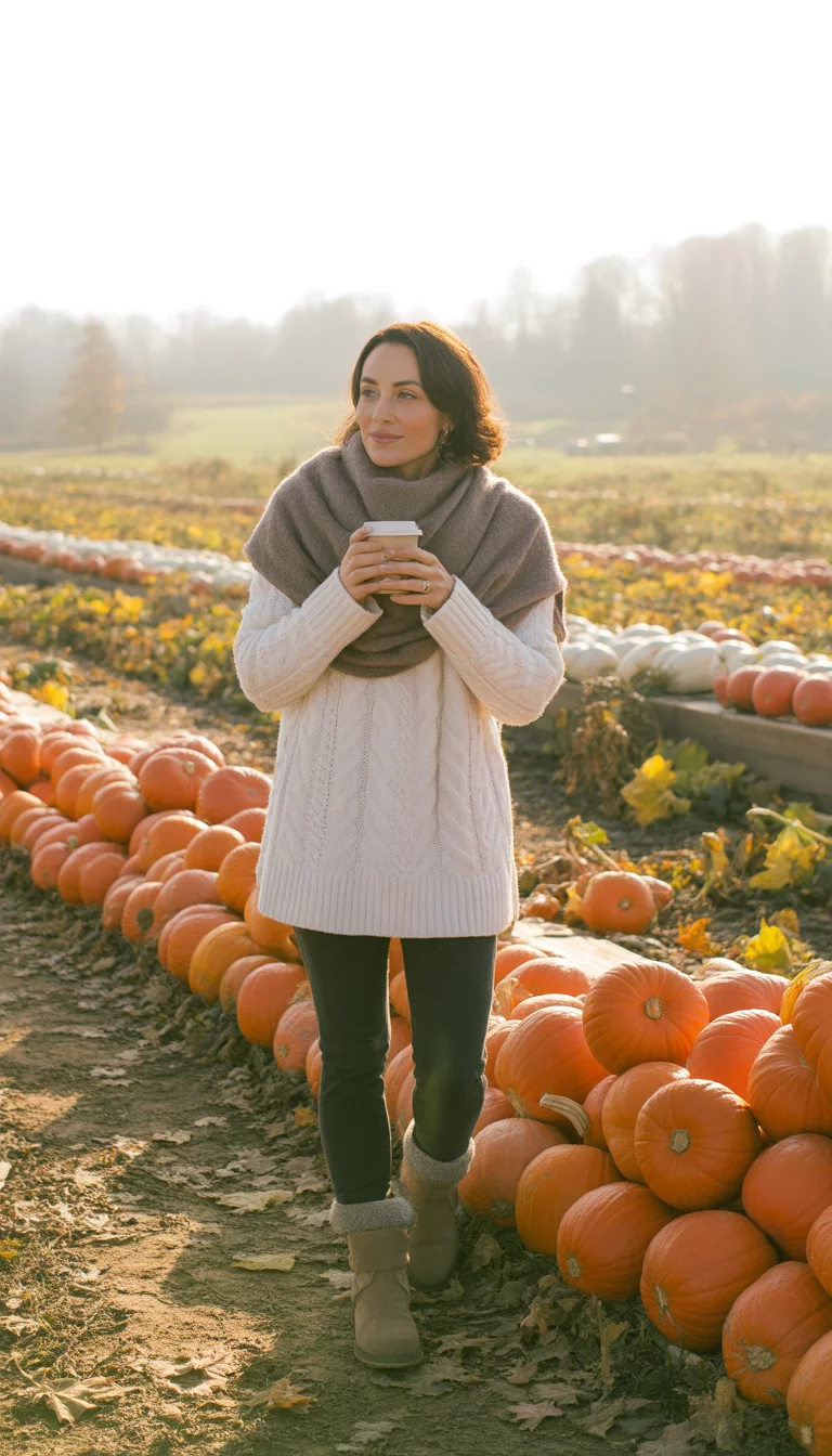 A beautiful 32-year-old woman in a thick white cable-knit sweater, a grey scarf, dark leggings, and brown boots, holding a coffee cup at a pumpkin farm.
