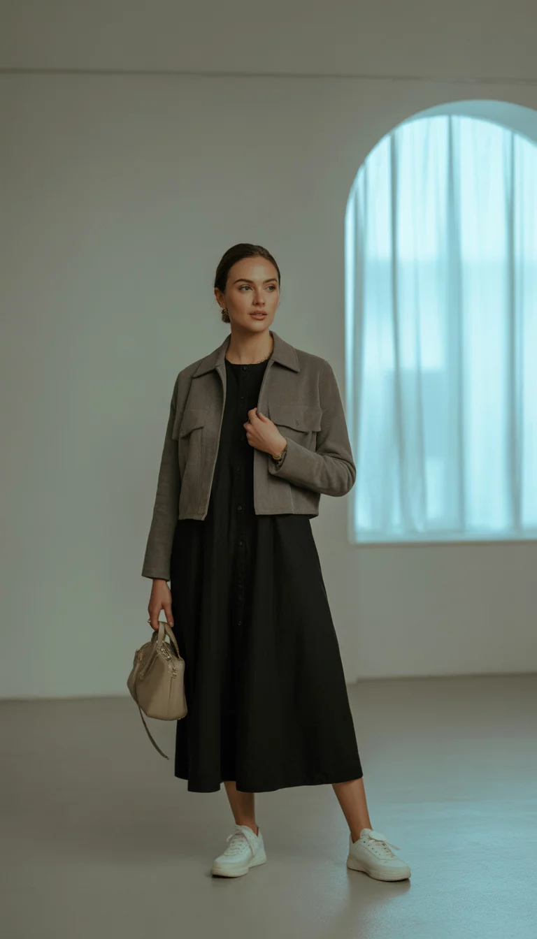 A beautiful 27-year-old woman in a black midi dress, a grey cropped jacket, and white sneakers, holding a beige handbag in a minimalist room.